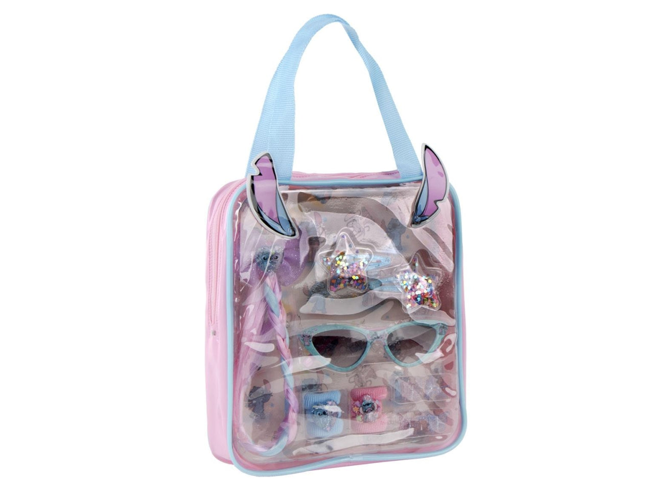 Stitch borsa trasparente con occhiali da sole e accessori per capelli