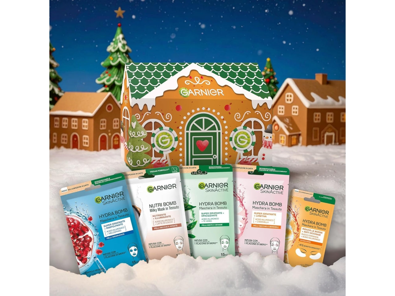 Garnier confezione regalo natale Casa Pan di Zenzero con 4 maschere Viso SkinActive in Tessuto e 1 Maschera Hydra Bomb Occhi