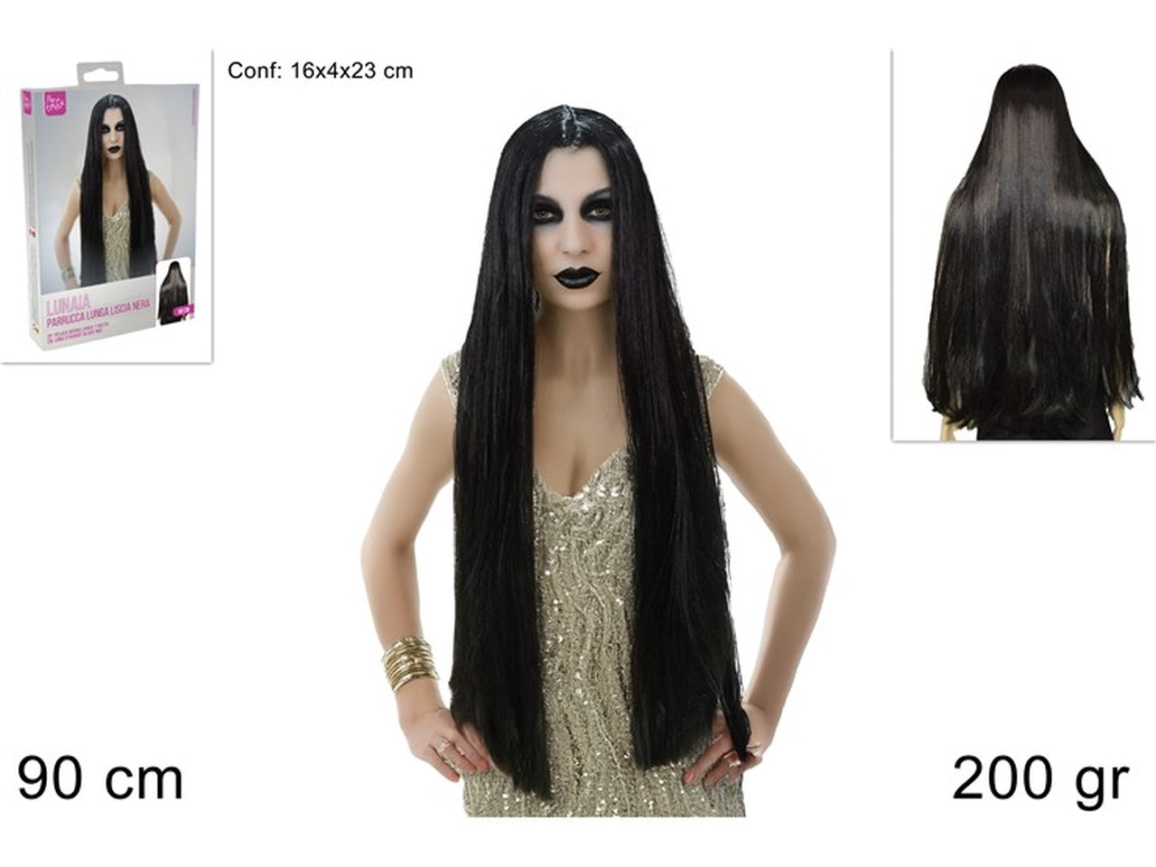 Parrucca lunga lisci nera 90cm