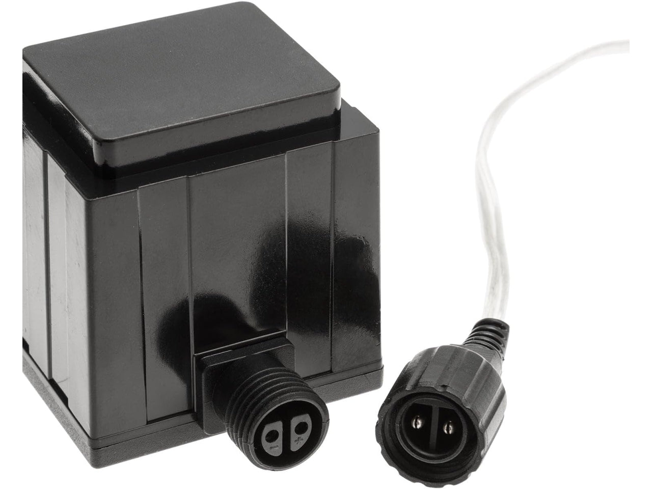 Trasformatore nero con cavo di alimentazione luce fissa e 1 connettore uscita femmina, cavo trasparente