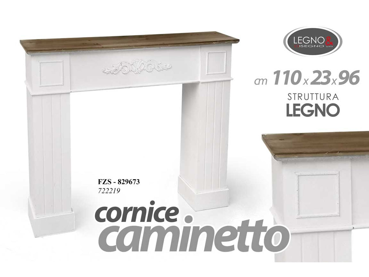 Cornice per caminetto in legno 110x23x96cm bianca