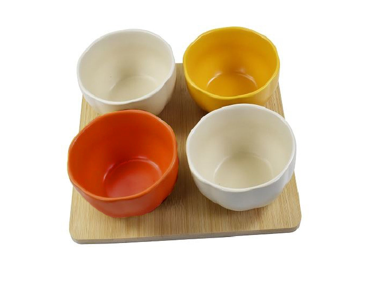 Set 4 ciotole ceramica con vassoio in legno 22x2cm - colori assortiti