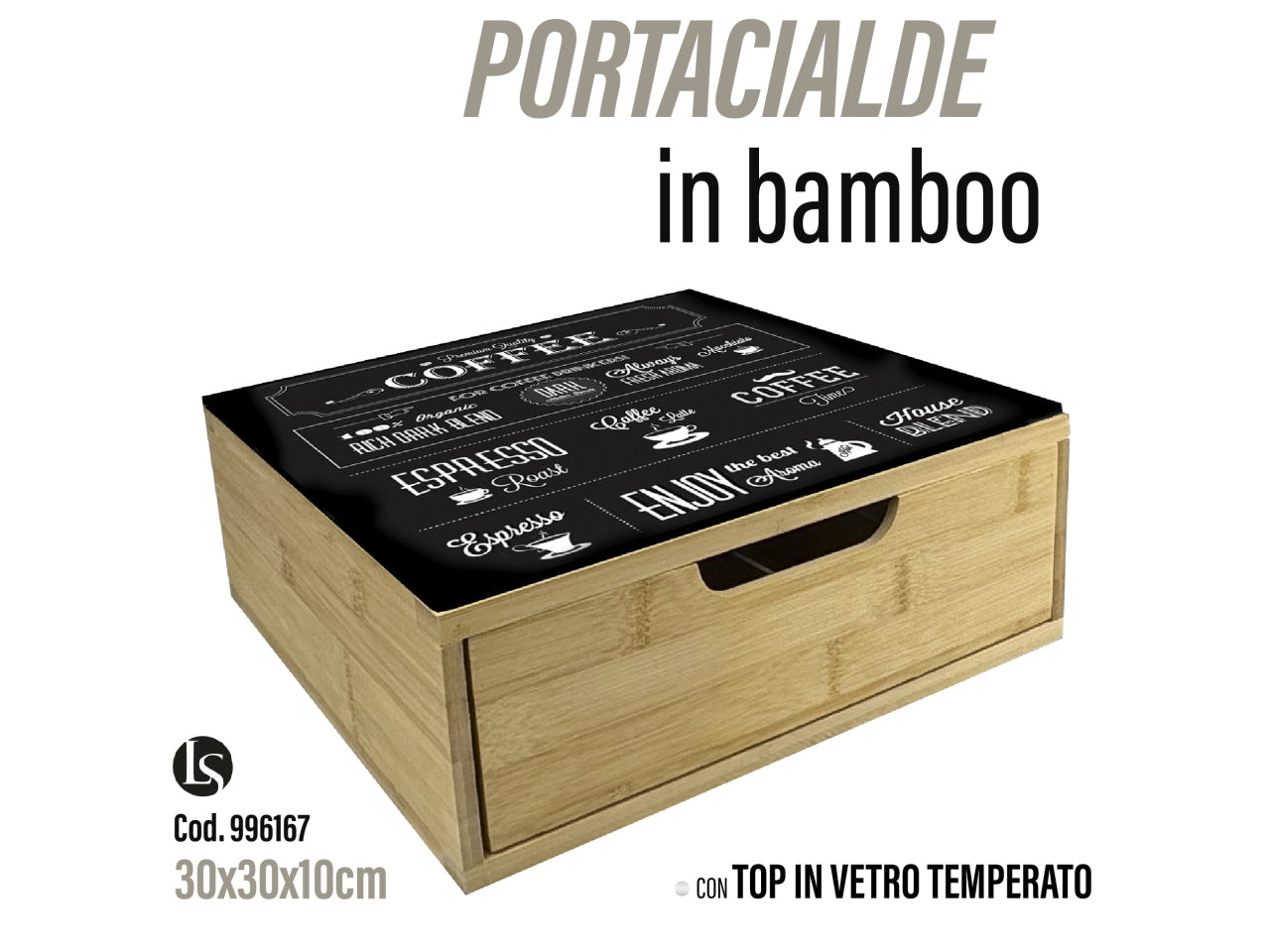 Lig cassetto porta capsule in bamboo top vetro nero decorato 30x30x10cm