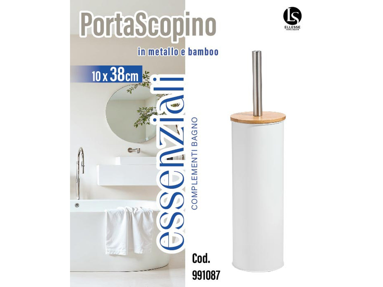 Lig porta scopino in melanina e bambu di colore bianco 10x38cm