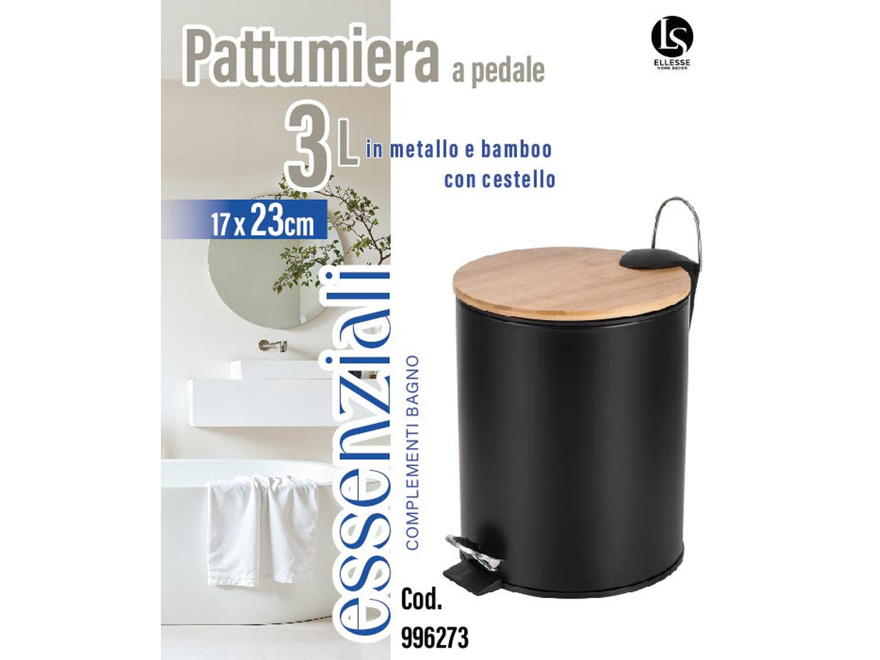 Lig pattumiera in metallo e bambu di colore nero 17x23cm