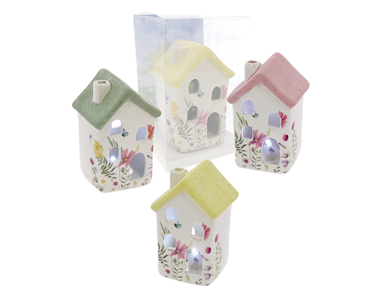 Casetta led in porcellana 6x10cm decorata con fiori e tetto colorato, 3 assortimenti
