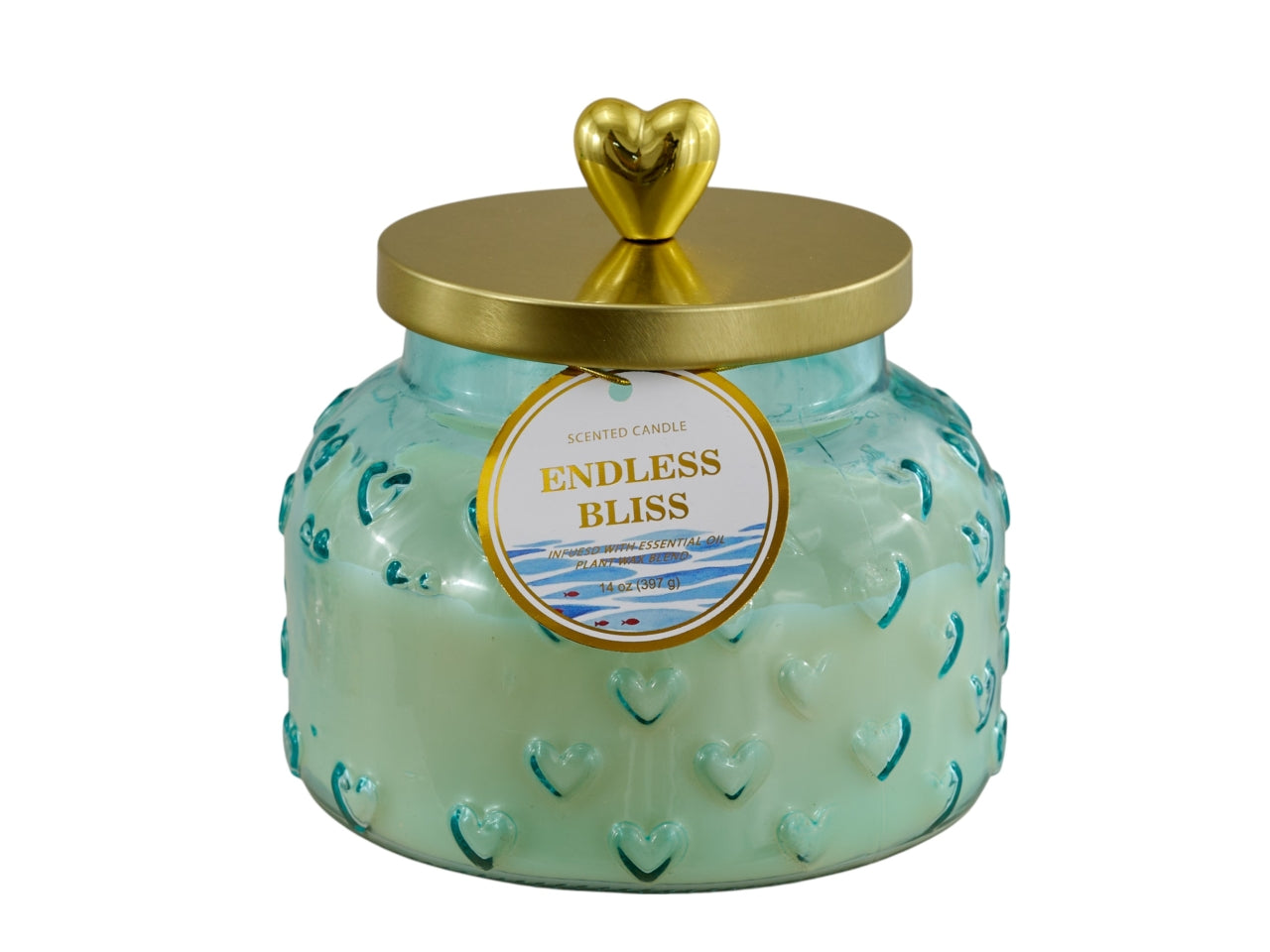 Candela barattolo in vetro bassa con coperchio cuore 12,6x12,6x10cm celeste