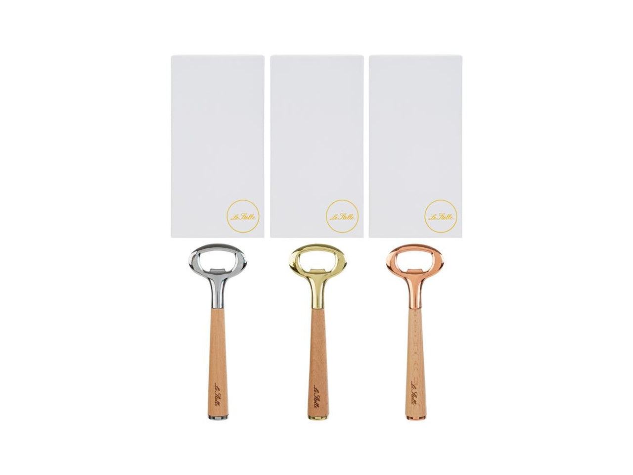 Apribottiglie metallo 15,5x5cm con scatola in 3 colori assortiti