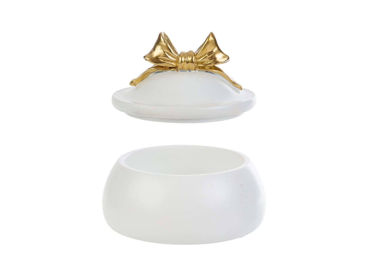 Scatola in resina bianca con fiocco oro 10x8cm e shopper