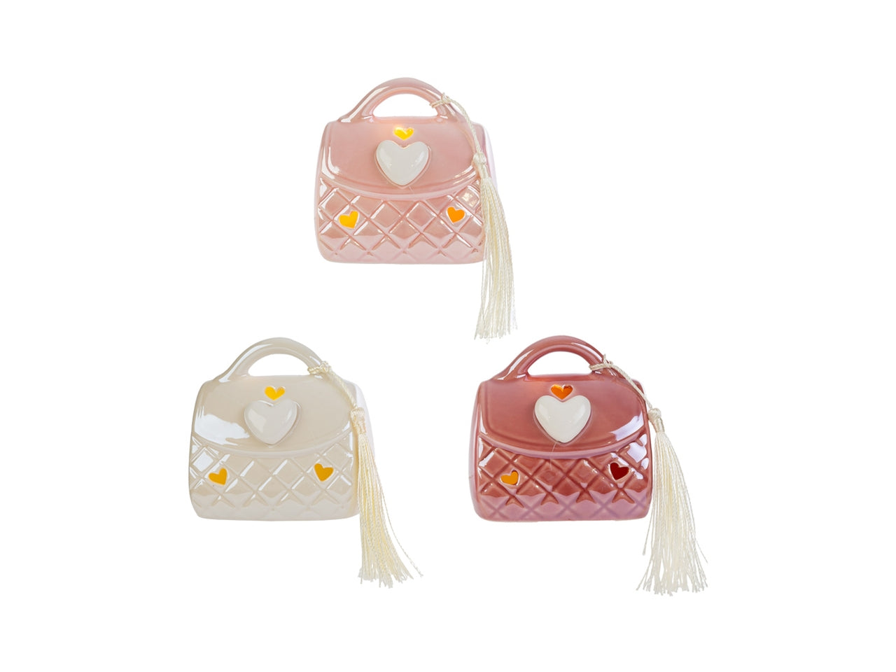 Borsetta porcellana con led 8x5,5x8cm, in 3 colori assortiti e astuccio