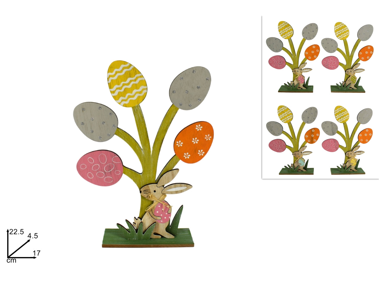 Albero con uova in legno e coniglio 22,5cm assortito