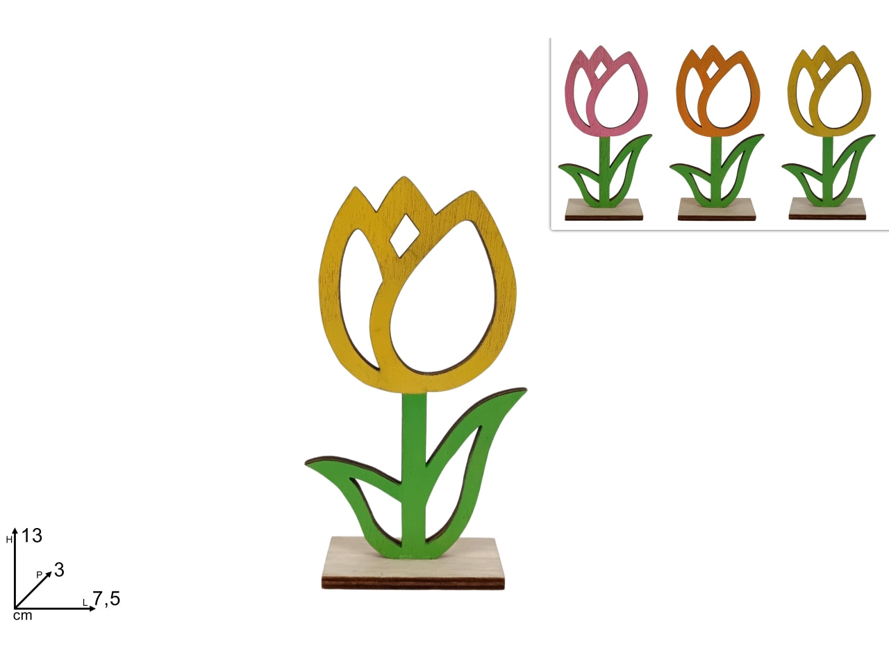 Decorazione tulipano 13cm in legno in 3 colori assortiti