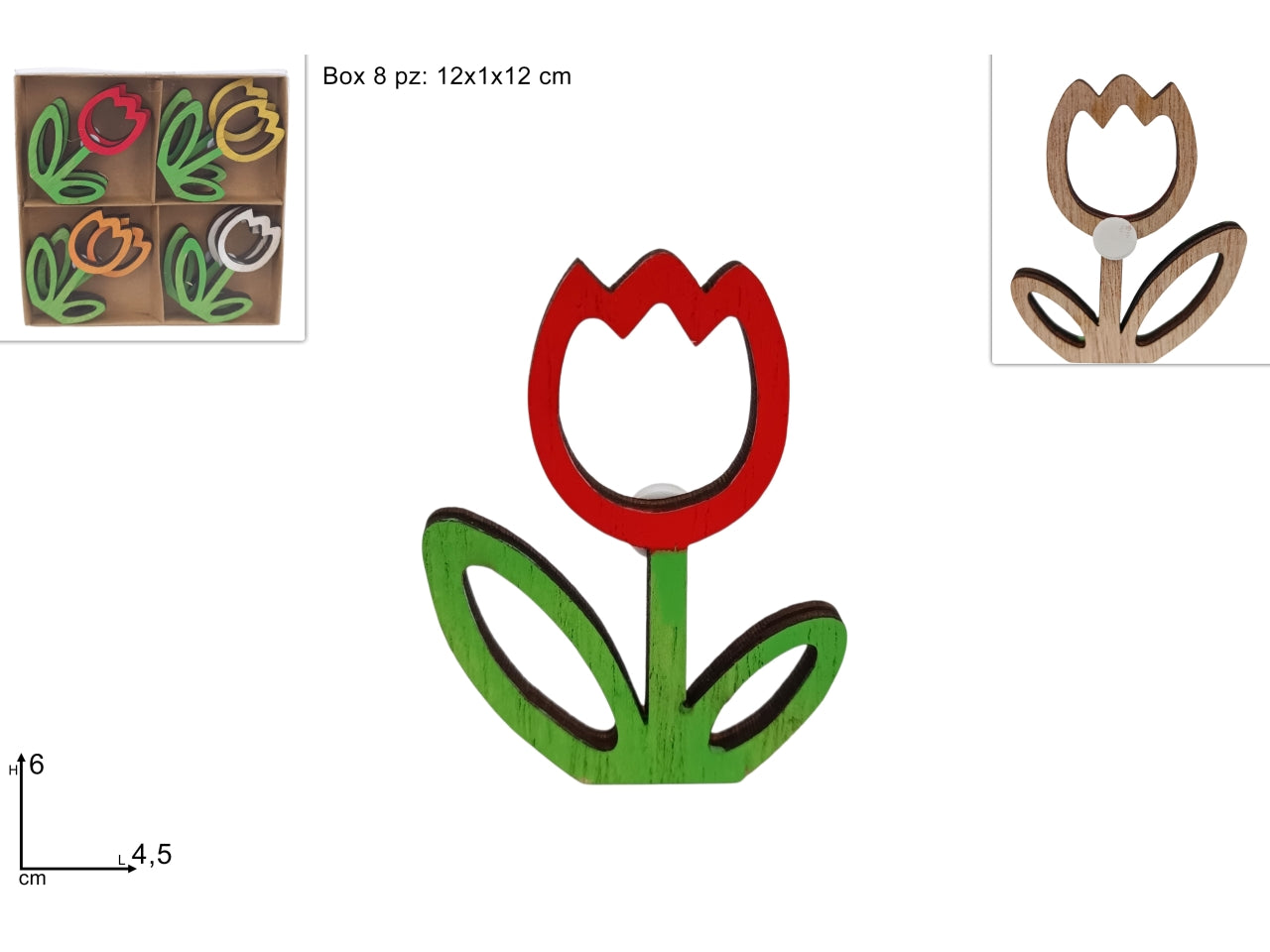 Tulipano con adesivo 6cm in legno set da 8 pezzi