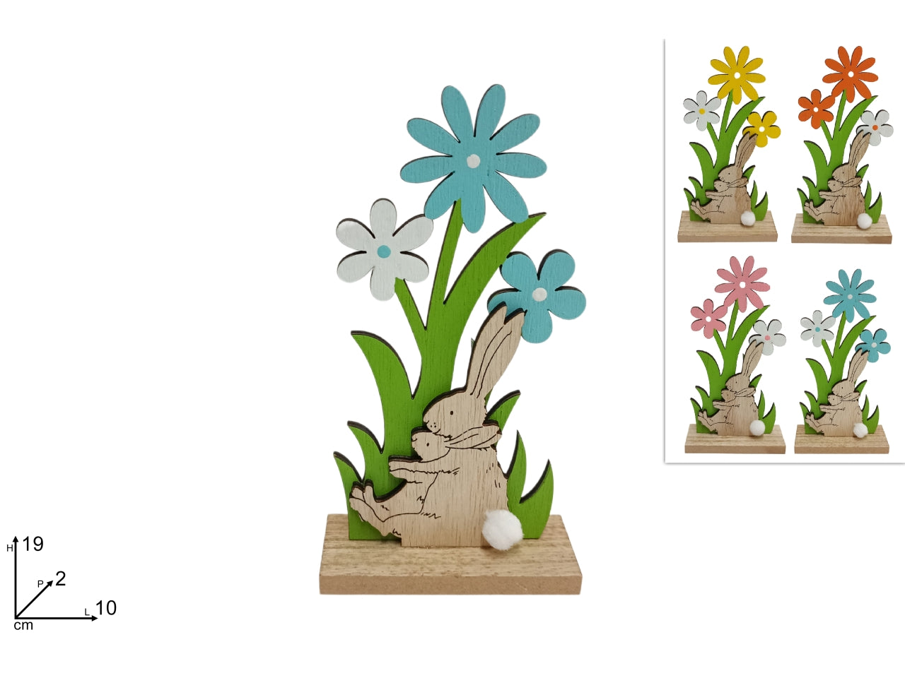 Decorazione legno margherita con conigli 19cm in 4 colori assortiti
