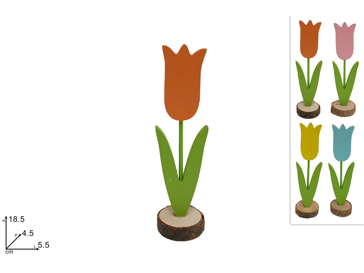 Tulipano con tronchetto legno 18,5cm in 4 colori assortiti