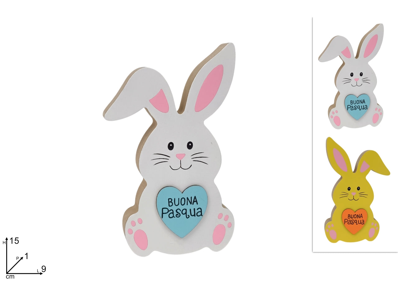 Coniglio in legno 15cm con cuore buona pasqua in 2 colori assortiti
