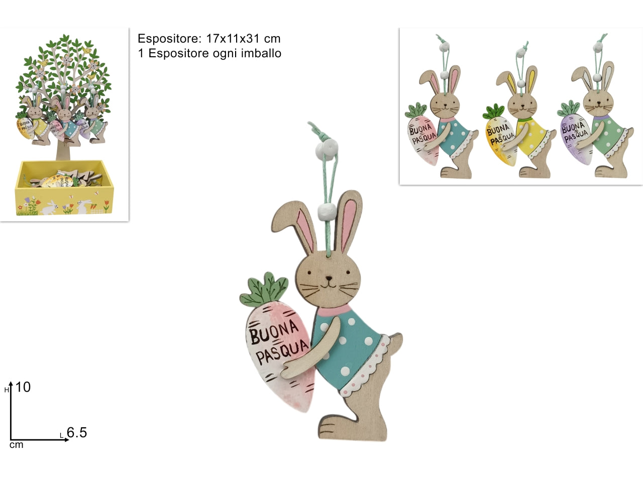 Appendino coniglio con carota in legno in 3 colori assortiti