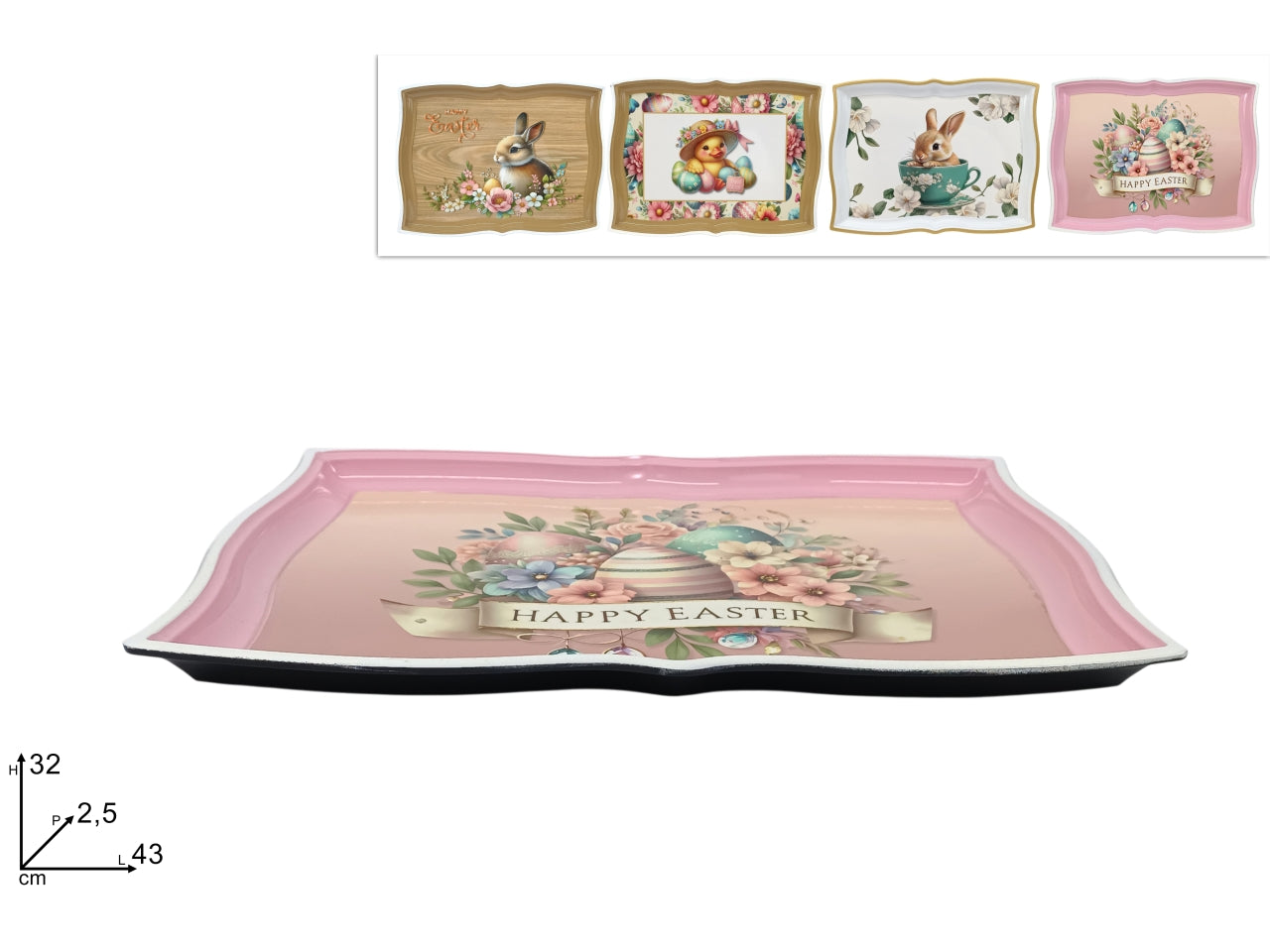 Vassoio in plastica 43x32cm effetto legno decoro pasquale in 4 assortimenti