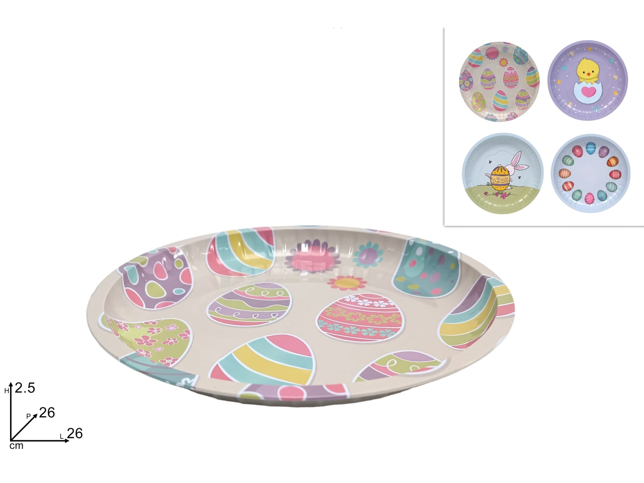 Vassoio tondo in latta 26cm decoro pasquale in 4 assortimenti