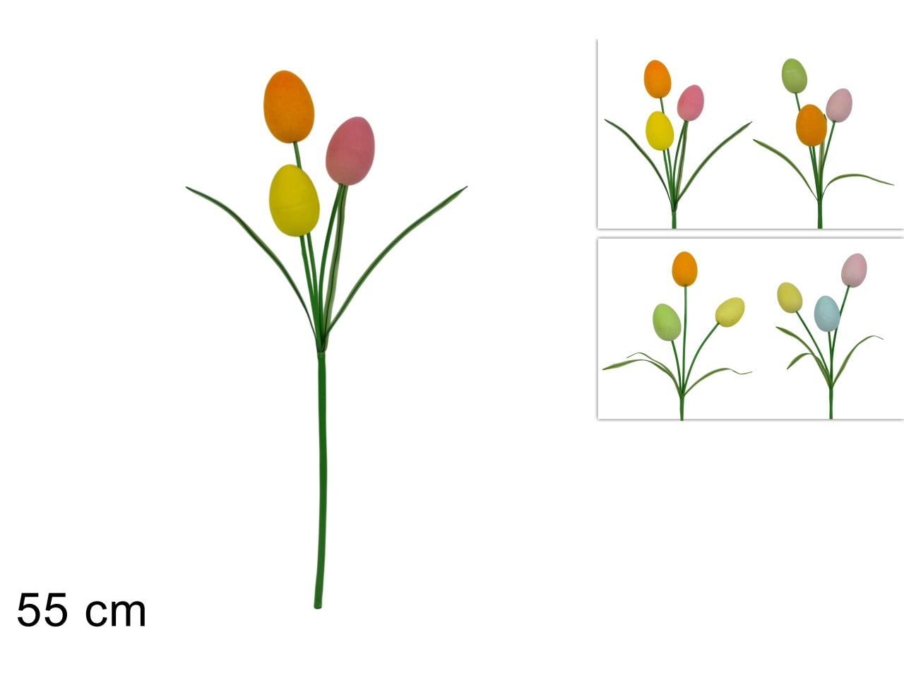 Stelo 55cm 3 uova colorate floccate in 4 assortimenti