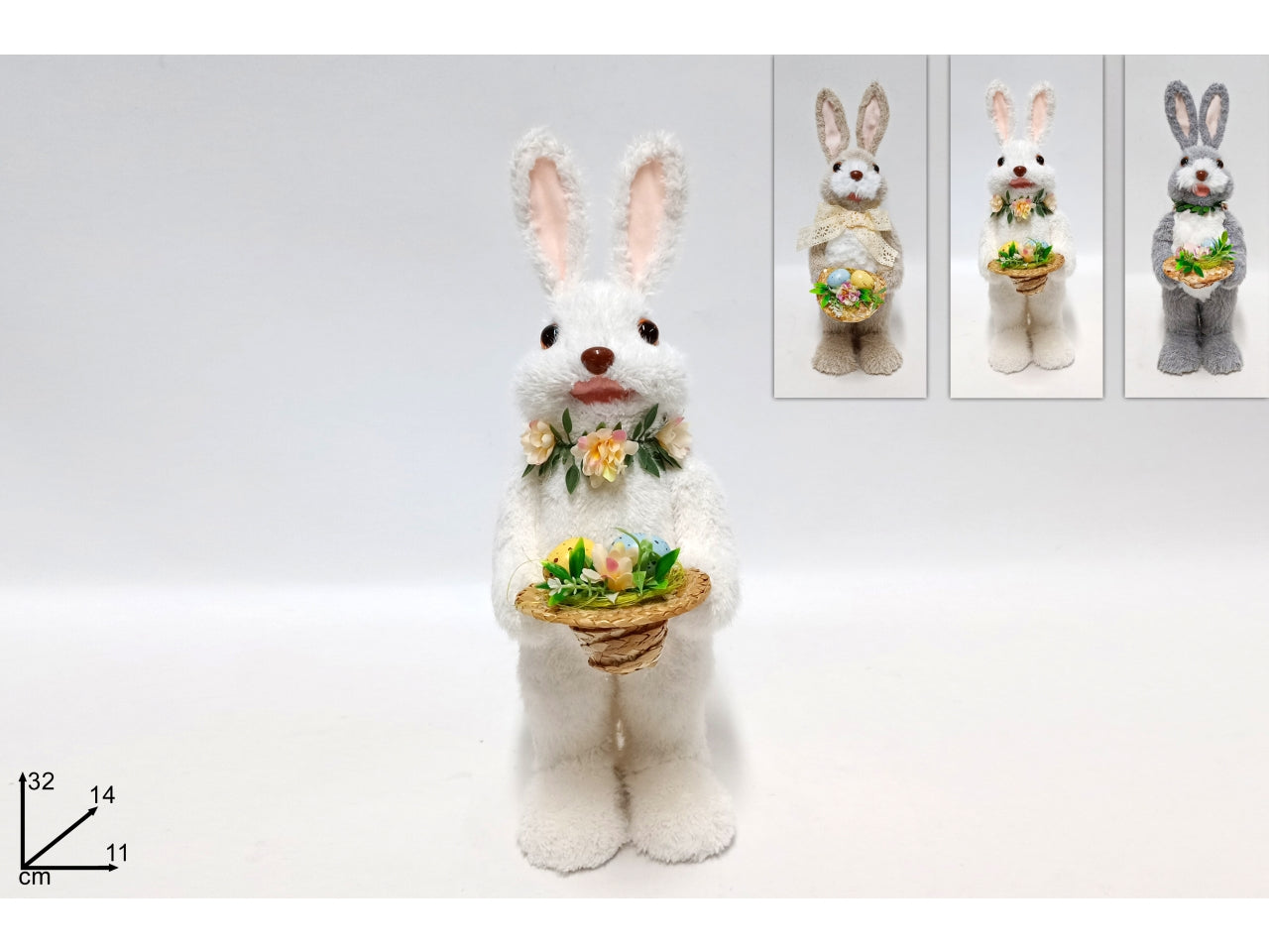 Coniglio in piedi con cappello decorato 32cm in 3 colori assortiti