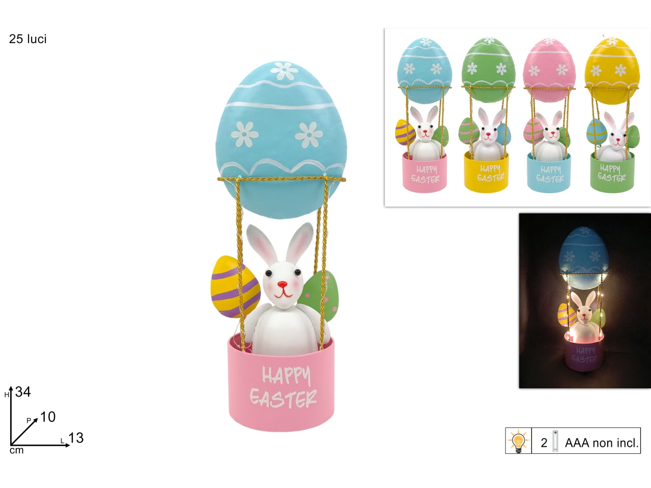 Mongolfiera uovo metallo con coniglio e filo 25 led a batteria assortito