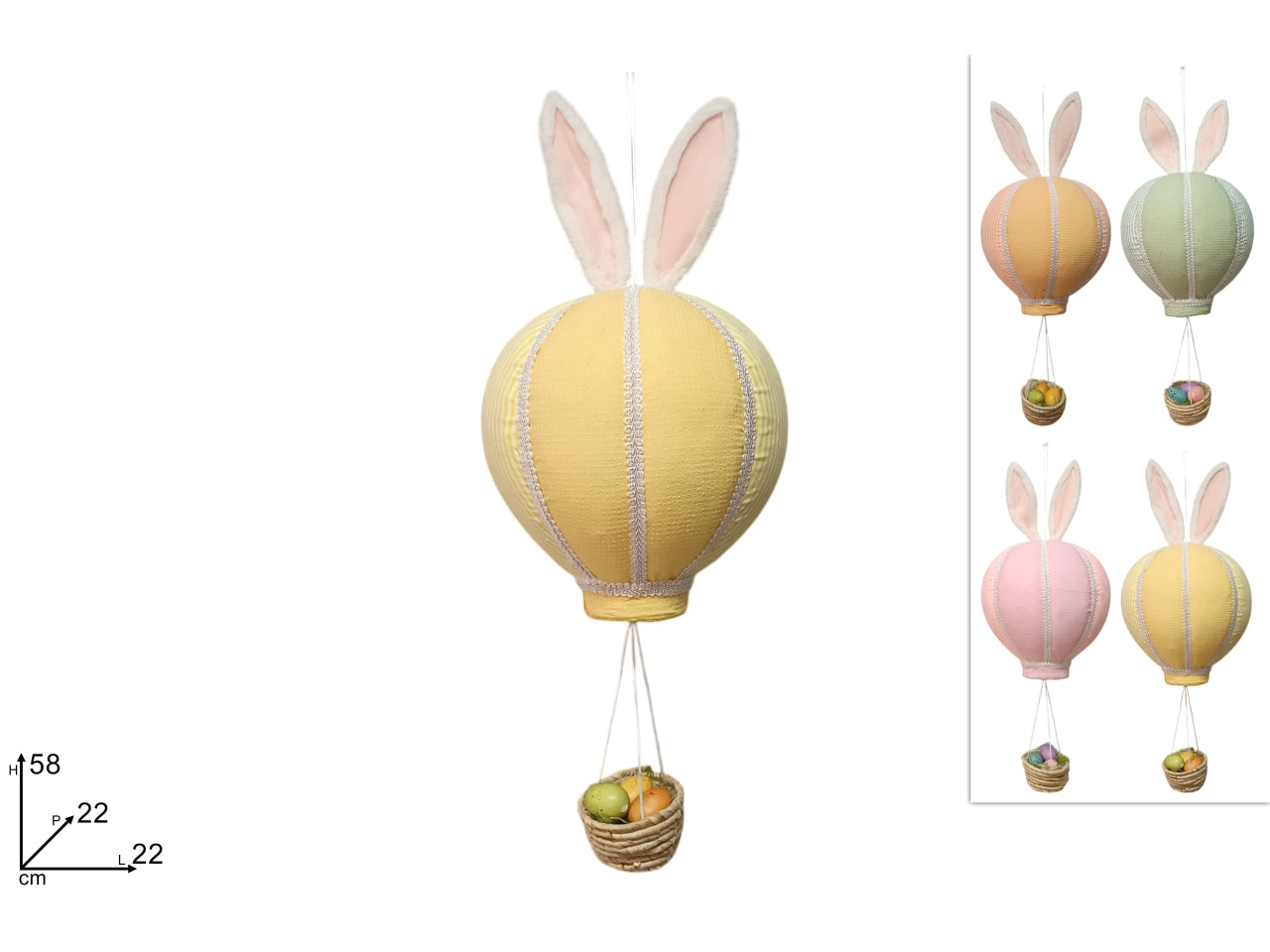 Mongolfiera orecchie coniglio con uova 58cm in 4 colori assortiti