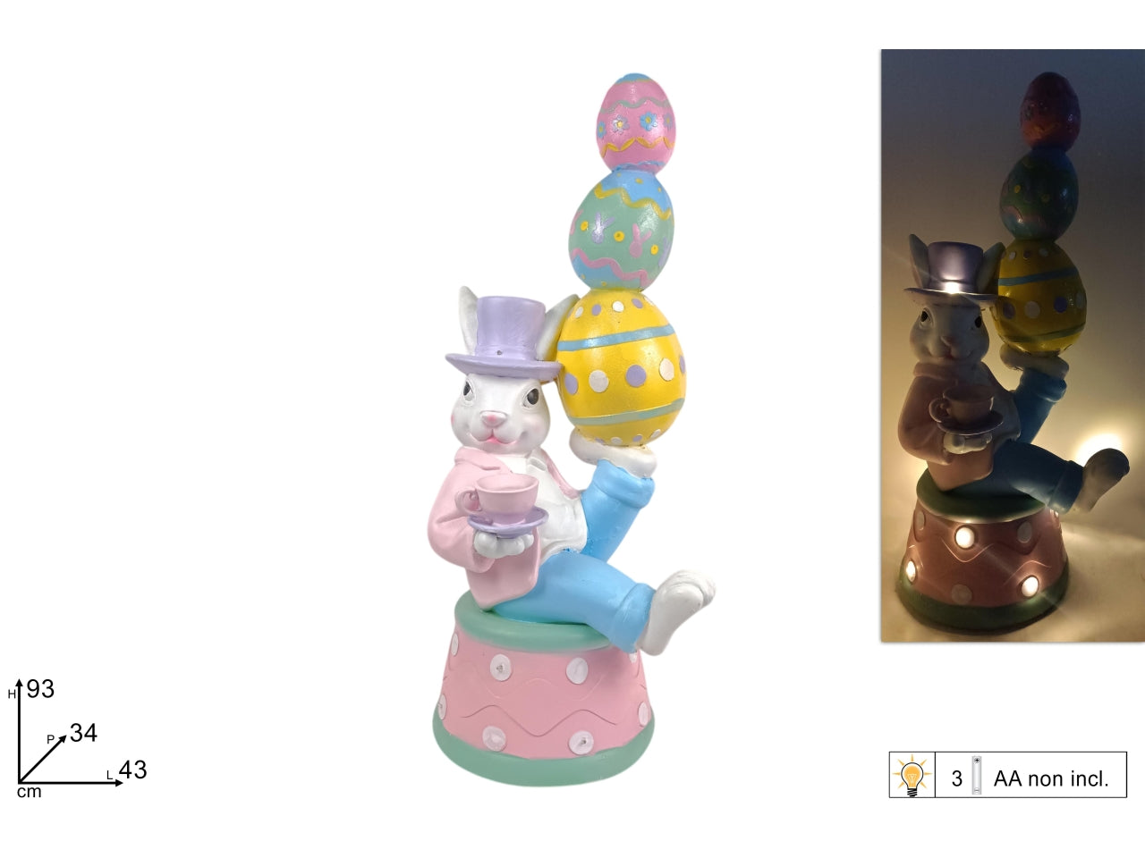 Decorazione coniglio con uova e luci 93cm