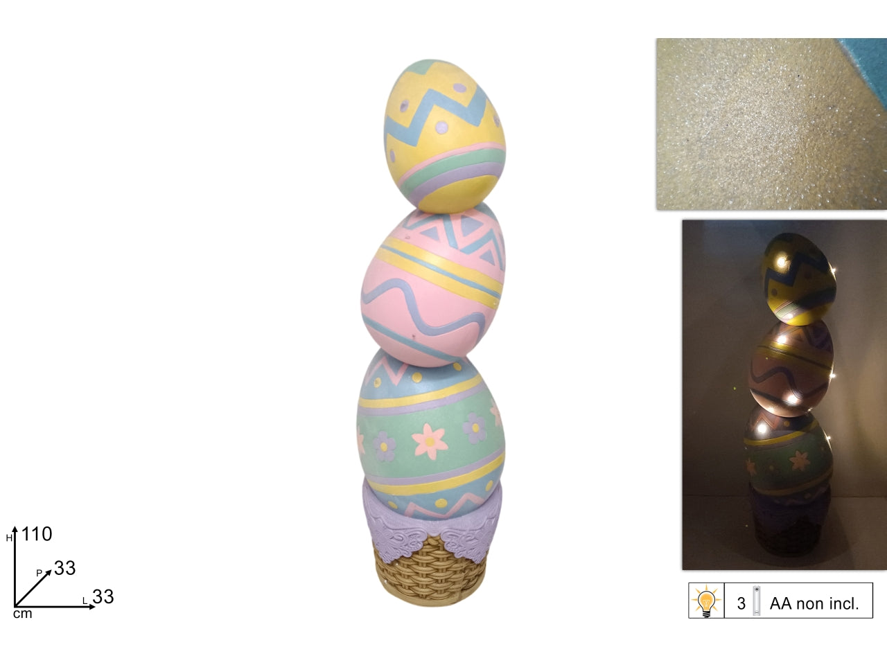 Decorazione cestino con 3 uova e luci 110cm
