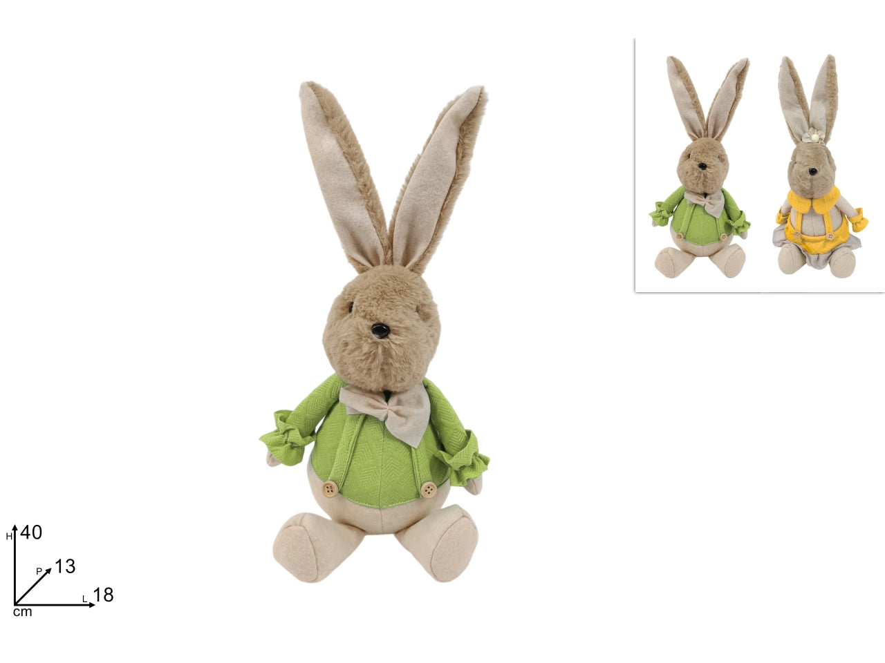 Coniglio seduto 40cm in pelliccia con vestito in 2 colori assortiti