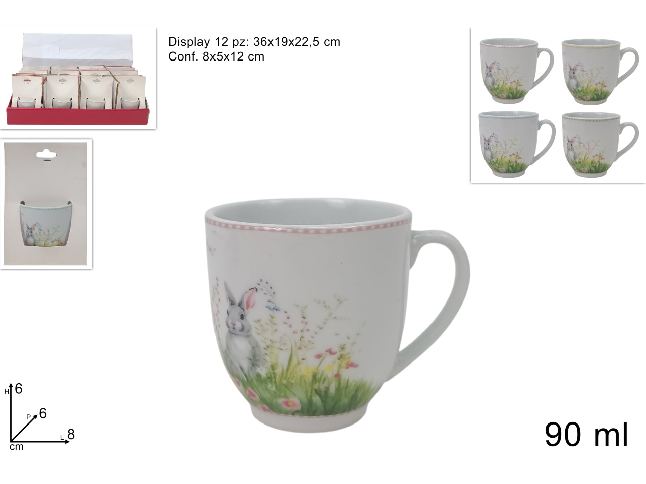 Tazzina 90ml in porcellana decoro pasquale in 4 colori assortiti