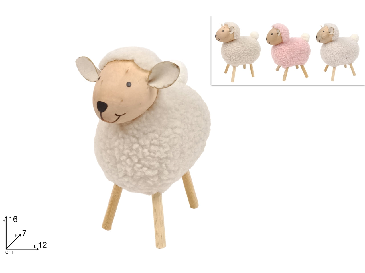 Pecora in legno con pelliccia 16cm in 3 colori assortiti