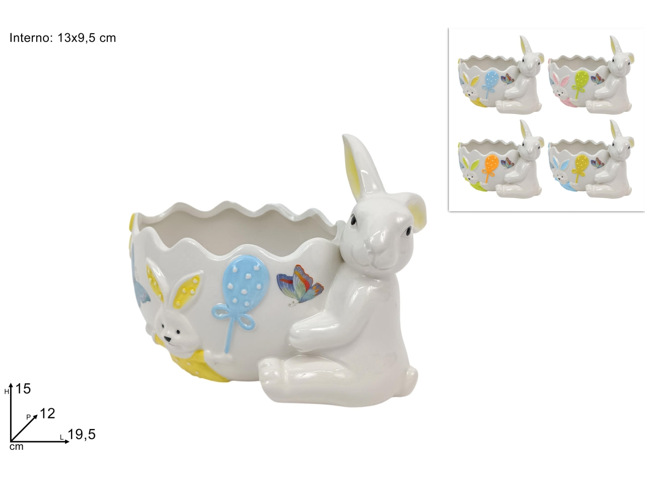 Porta uovo/pianta 13x9,5cm con coniglio e scenario pasquale in ceramica in 4 colori assortiti