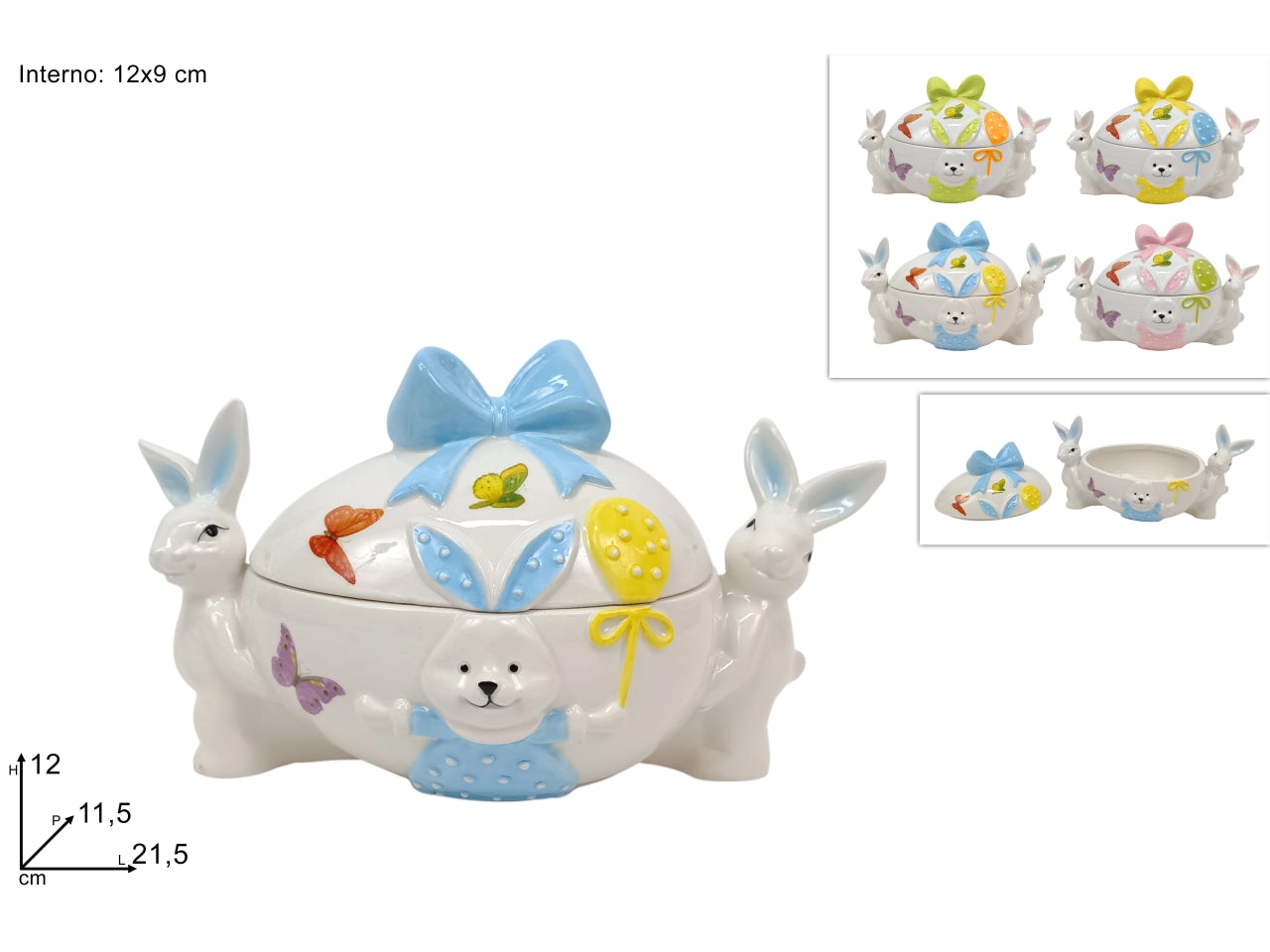 Barattolo uovo 12x9cm con conigli e scenario pasquale in ceramica in 4 colori assortiti