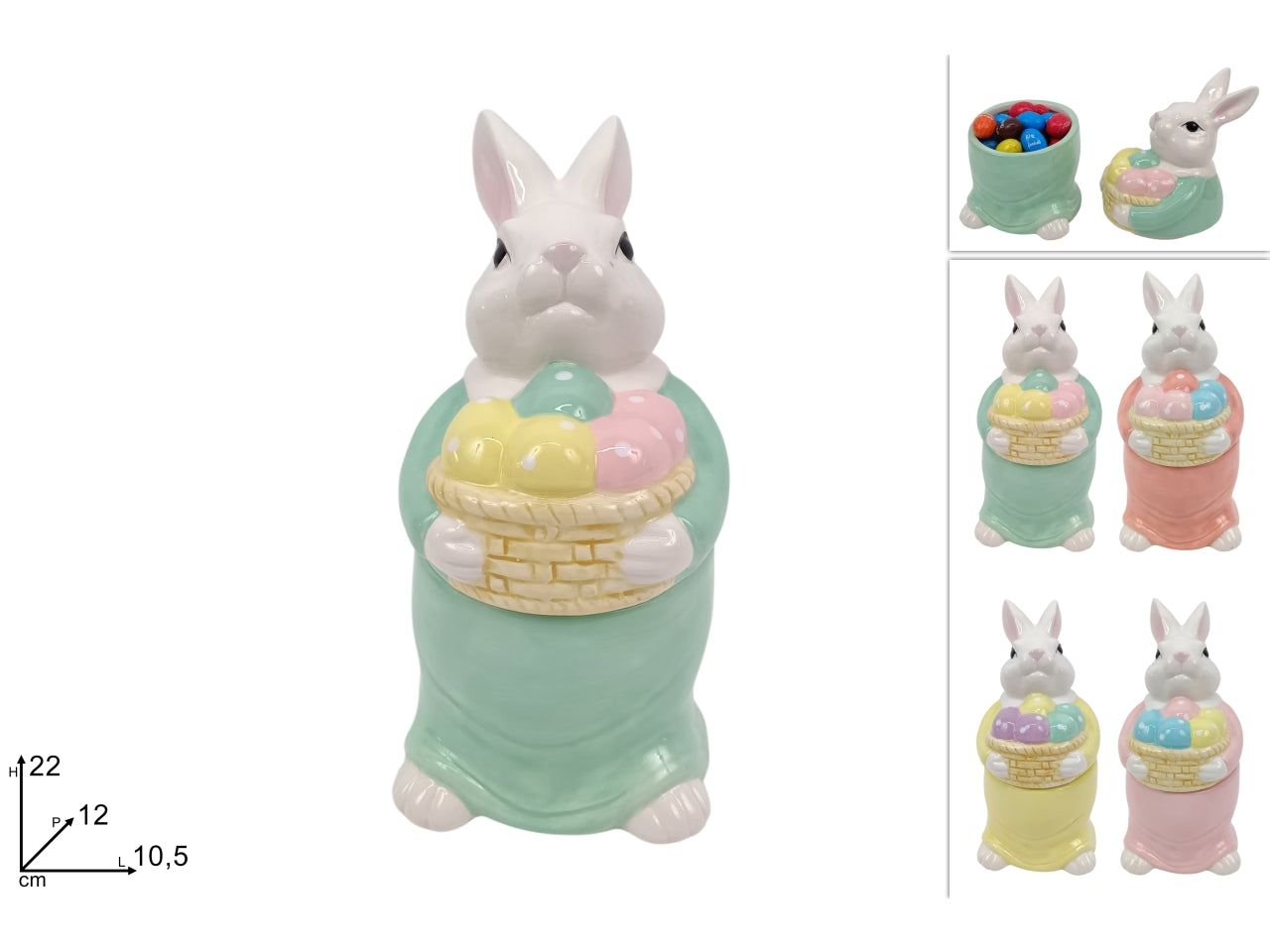 Barattolo coniglio 22cm in ceramica con cesto uova in 4 colori assortiti