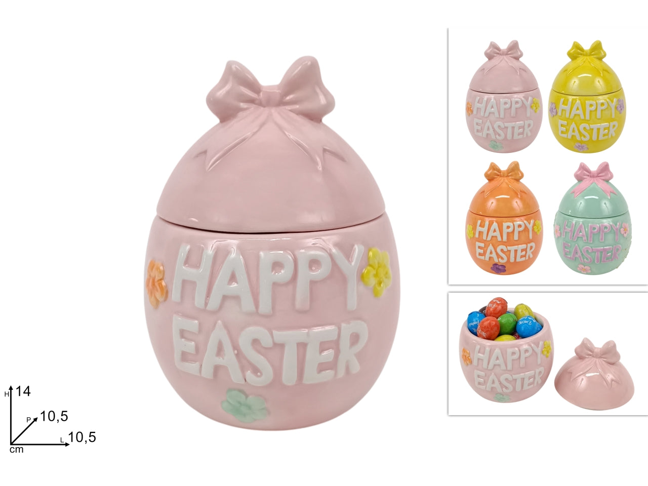 Barattolo uovo in ceramica happy easter in 4 colori assortiti