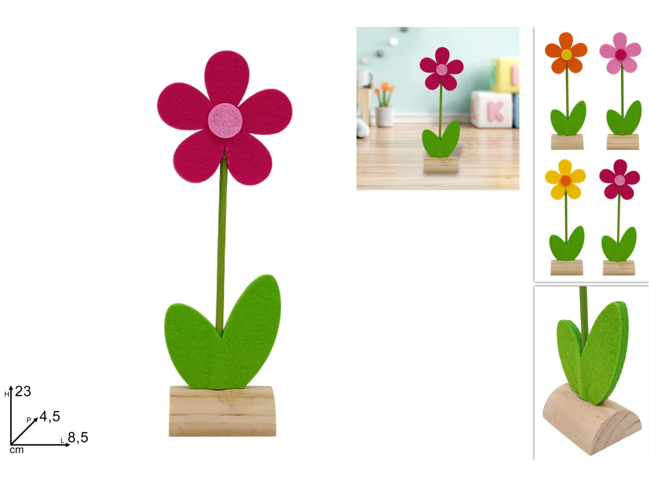 Fiore feltro con base 23cm in 4 colori assortiti