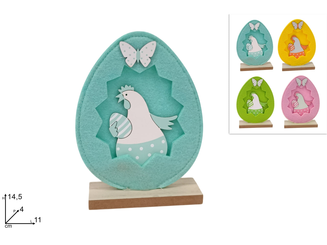 Uovo in feltro 15cm con gallina e base in legno in 4 colori assortiti