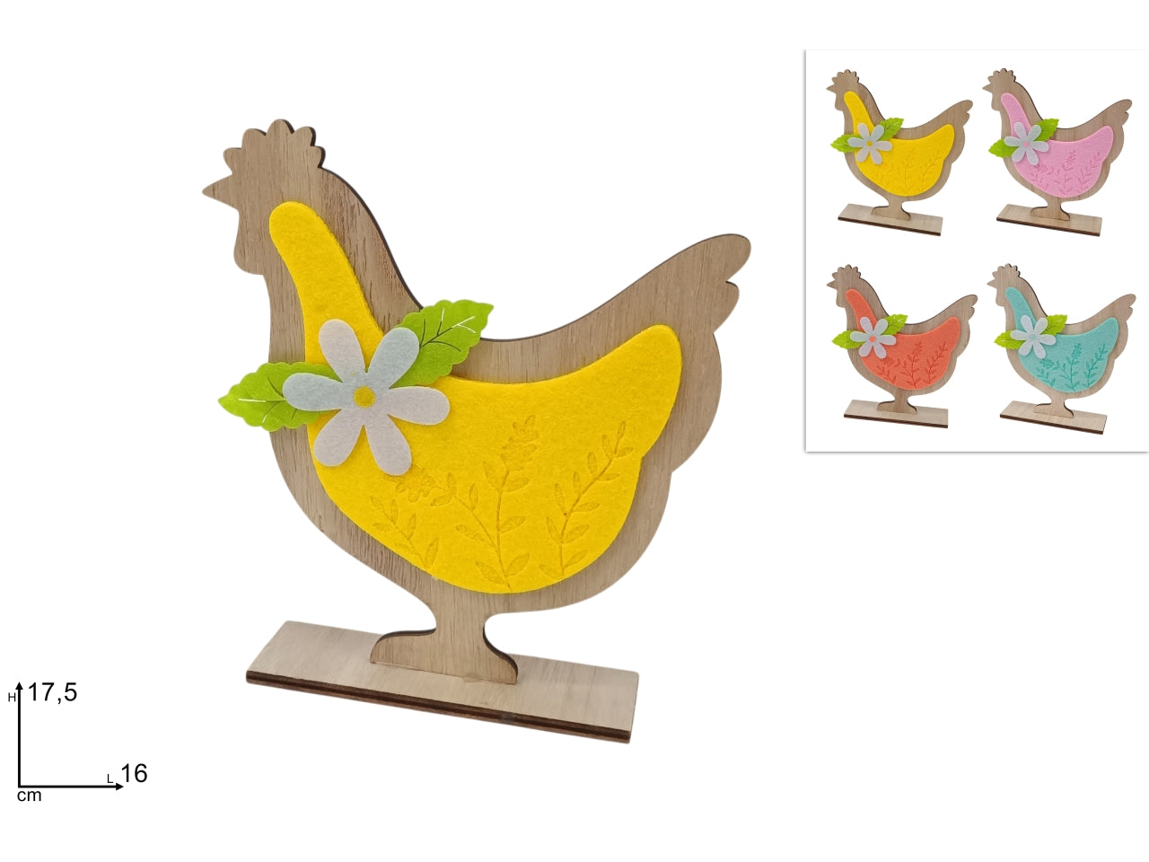 Gallina 17,5cm feltro\legno con base in 4 colori assortiti