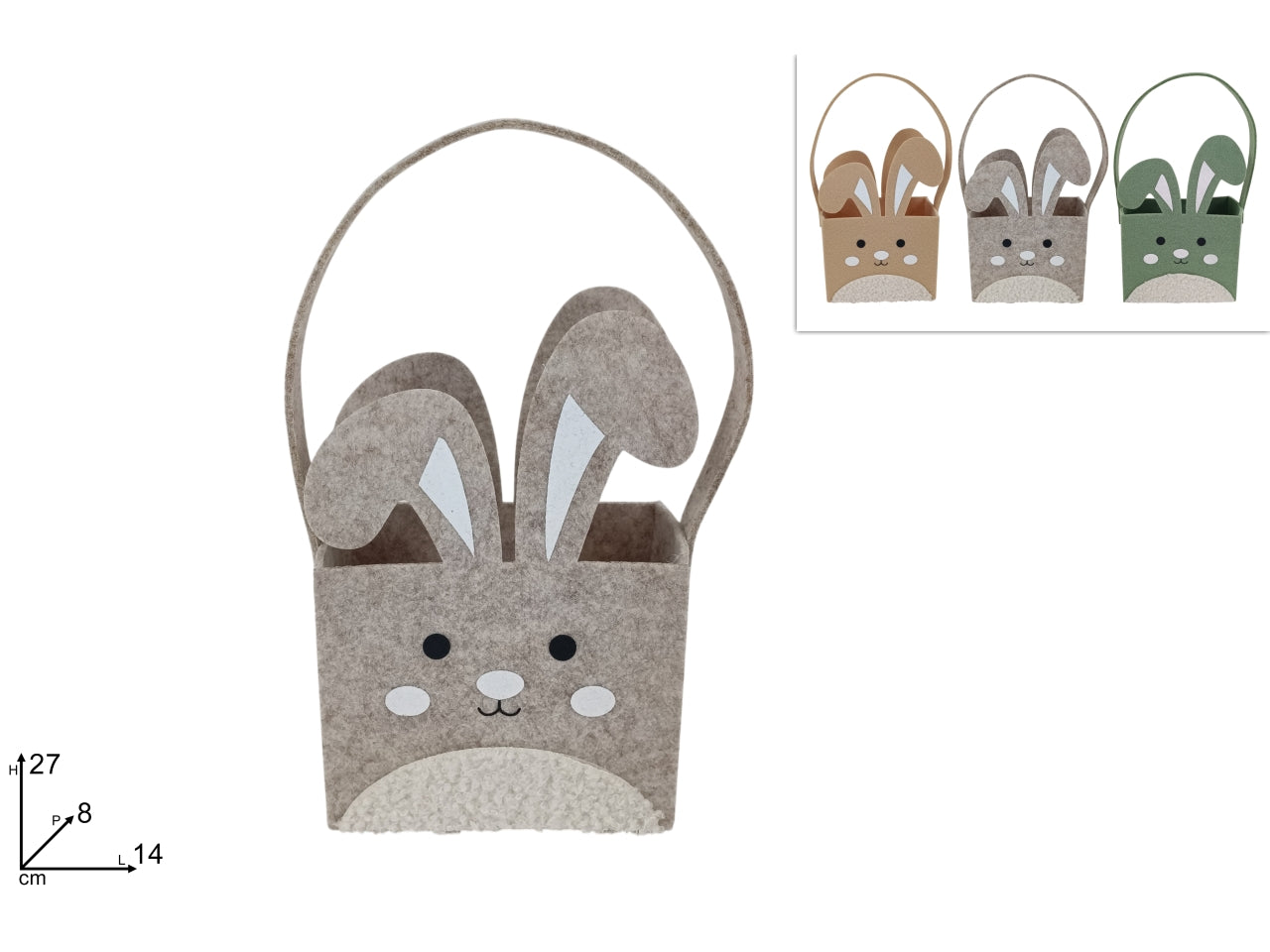 Cestino in feltro con viso con manico in 3 colori assortiti