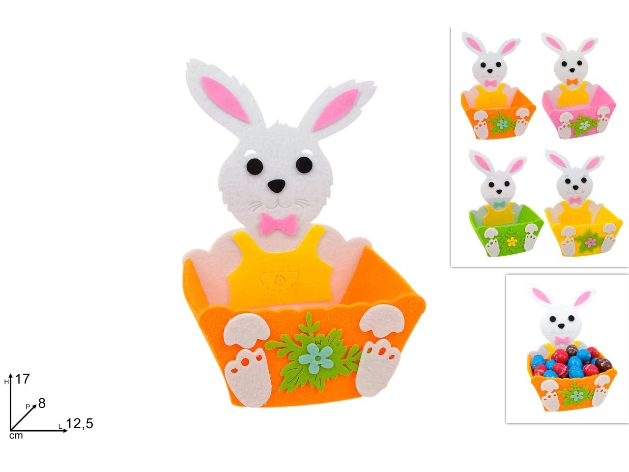 Coniglio con cesto in feltro in 4 colori assortiti