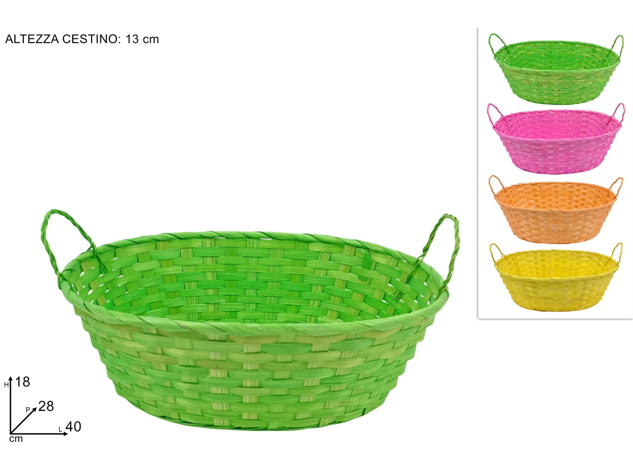 Cesta ovale 40x28x13x18cm con manico in 4 colori assortiti