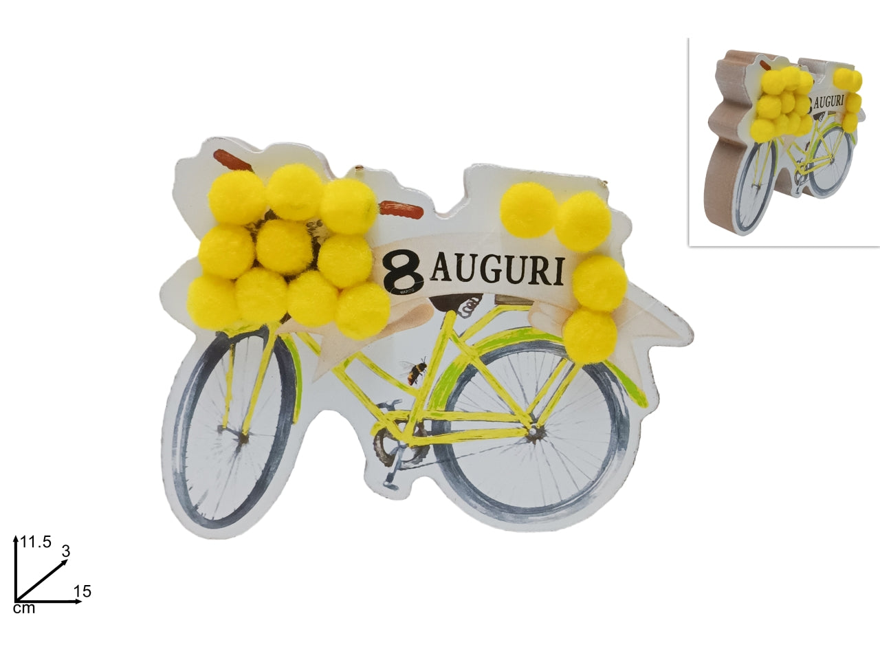 Decorazione bicicletta legno con mimosa festa della donna