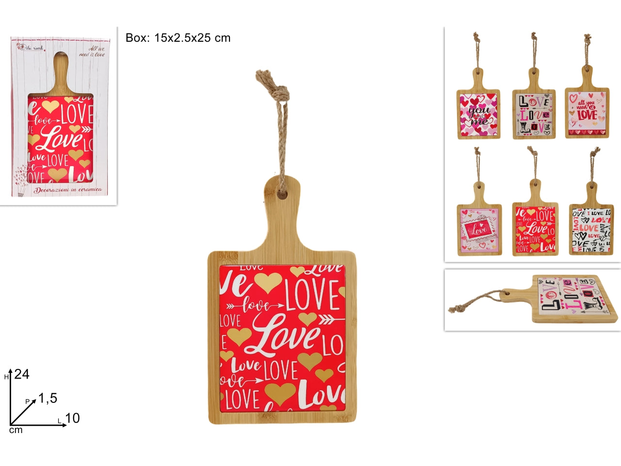 Tagliere legno e ceramica 24x14cm san valentino assortito