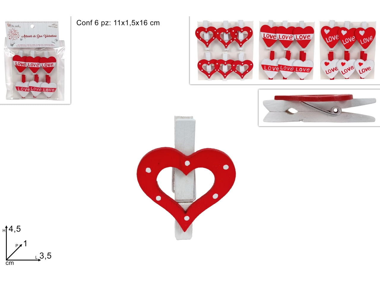 Mollette con cuore set da 6 cuori in 3 assortimenti
