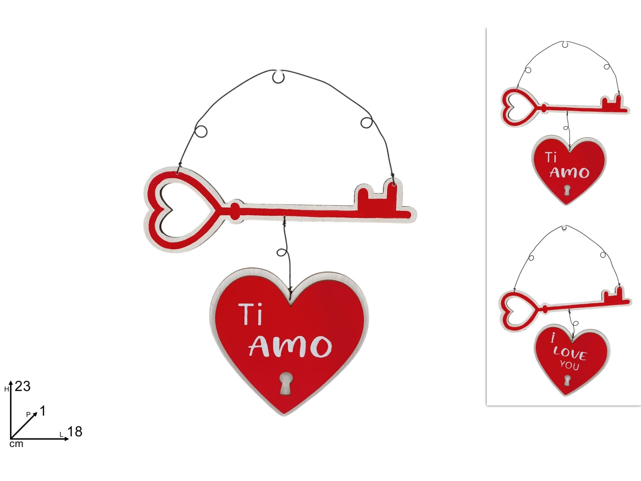 Appendino chiave con cuore in legno san valentino in 2 assortimenti