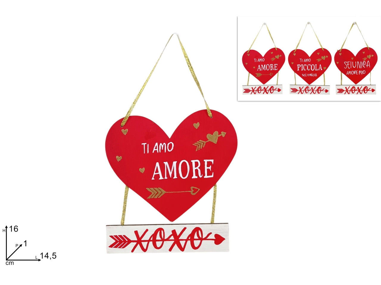 Appendino cuore in legno con scritta in 3 assortimenti