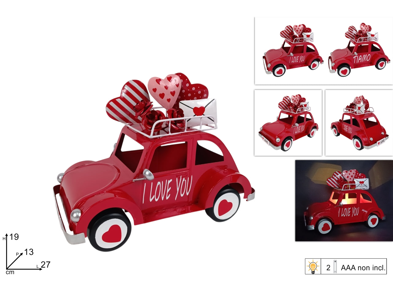 Auto in latta con decorazione san valentino e luce in 2 assortimenti