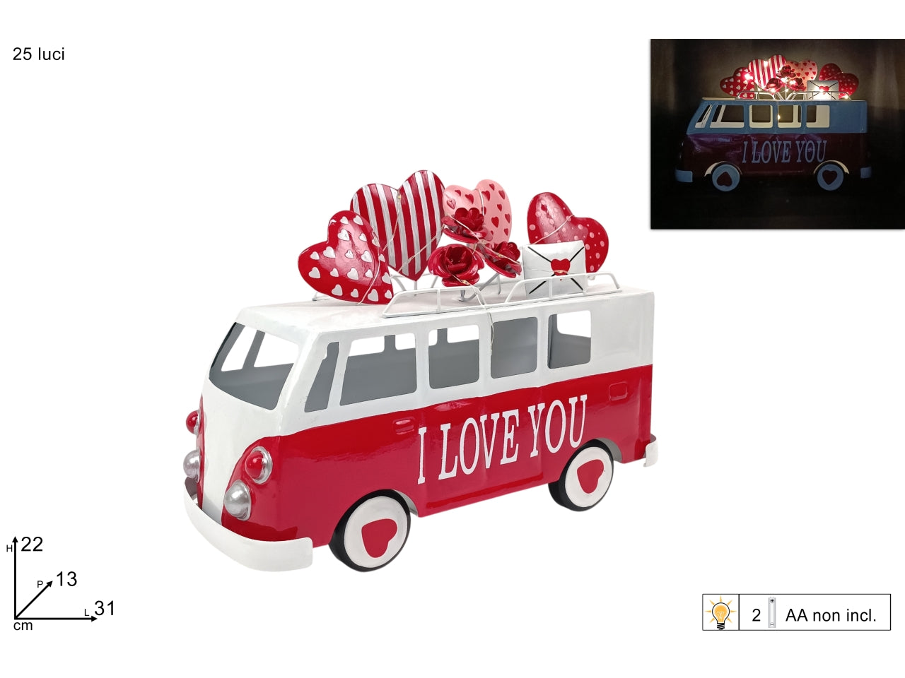 Furgone metallo i love you con filo 25 luci a batteria