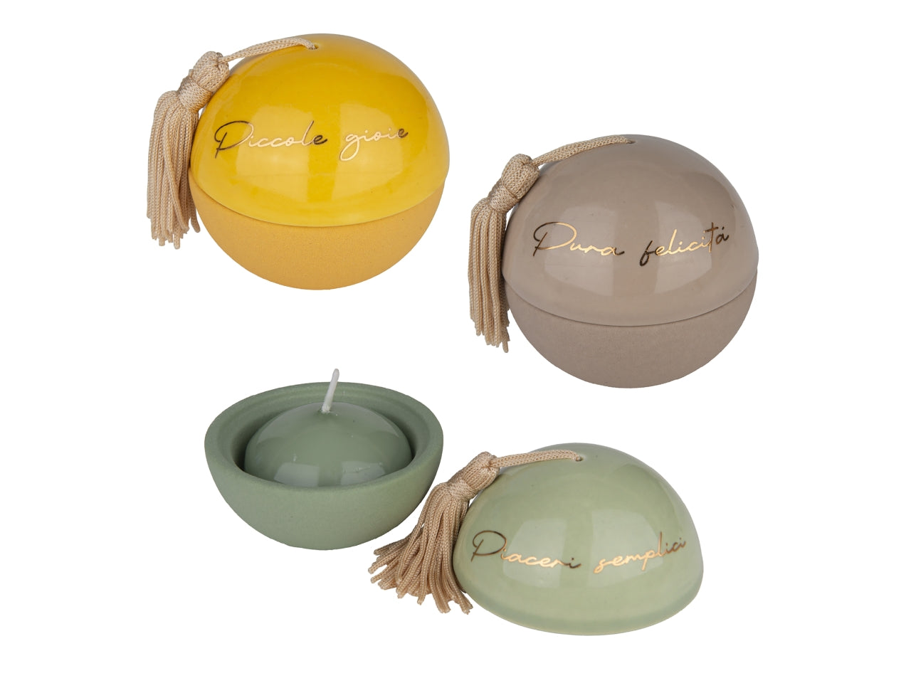 Ball sfera in porcellana con candela e scritte assortite diametro 7cm, 3colori